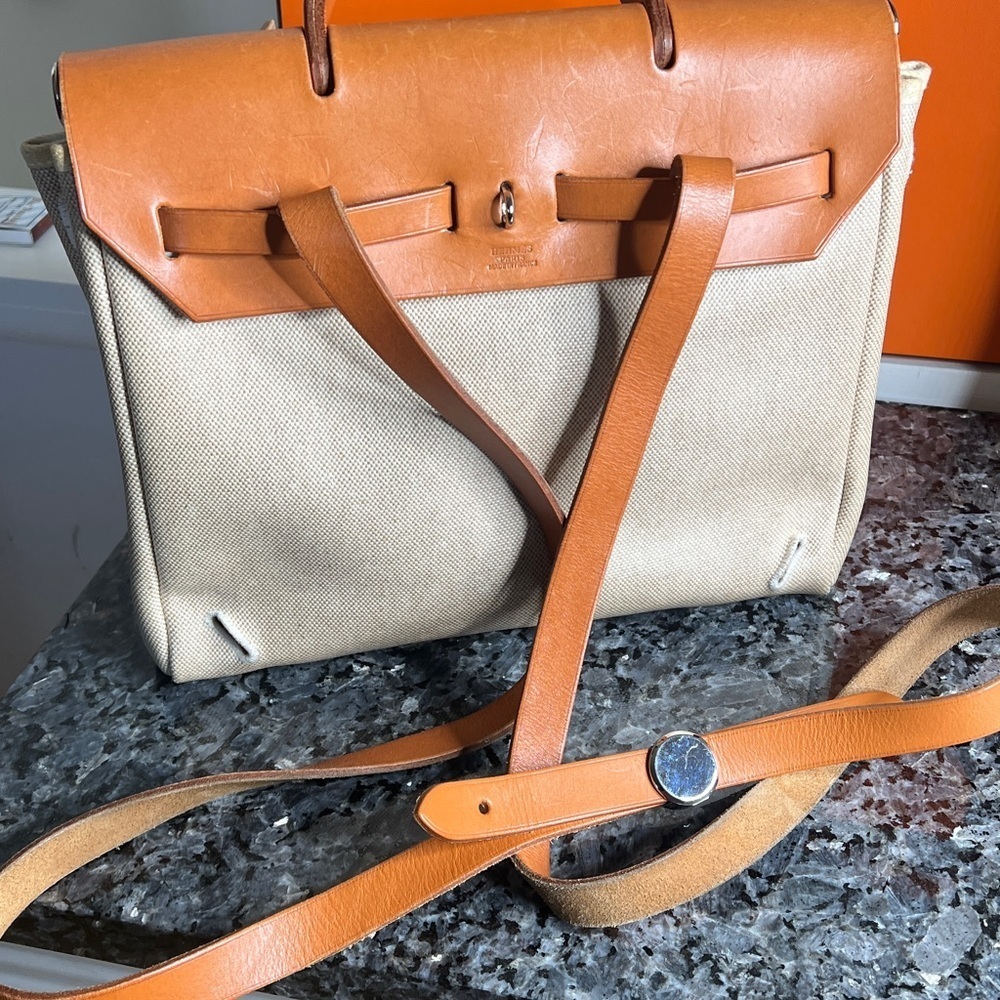 Hermès 39 Herbag Beige Toile Canvas Vache Hunter Leather Box, Dusters, Ribbons - Picture 7 of 16